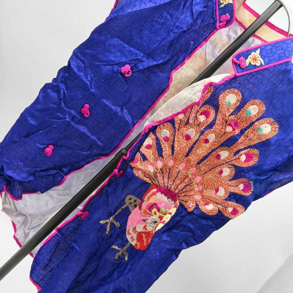 Vintage Korean Embroidered Peacock Vest Royal Blue Silk Satin Frog Knot Bolero